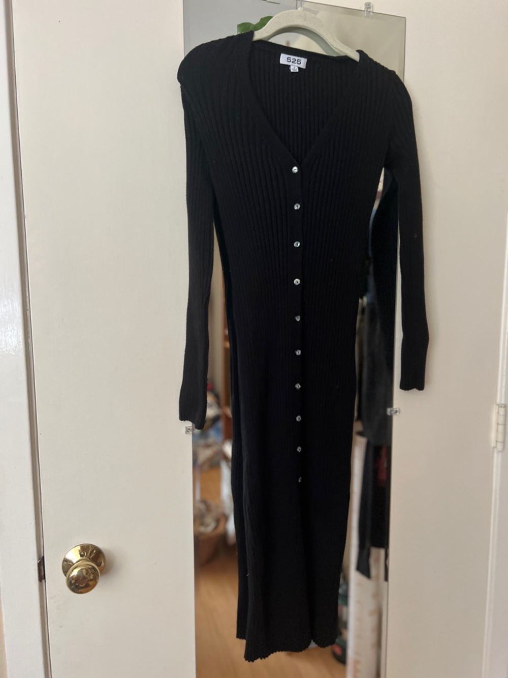525 America Black Ribbed Button-Front Long Sleeve Maxi Dress